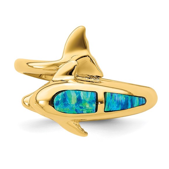 14k Yellow Gold Lab Created Opal Dolphin Nautical Sea Life Ring, Size 7 - Picture 5 of 6